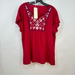 Komili  NWT Red V-Neck Short Sleeve Embroidered Peasant Top Size 2XL